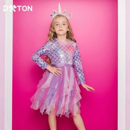 DXTON Autumn Princess Dress Mermaid Children Birthday Party Girls Dress Irregular Layered Prom Kids Long Sleeve Costumes 3-8Y 240520