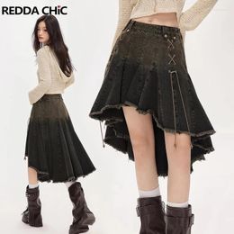 Skirts ReddaChic Steampunk Retro Hi-Lo Ruffle Denim Mini Skirt Women Strappy Frayed Low Rise Pleated Jeans Y2k Grunge Streetwear