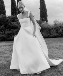 Classy Long Ivory Satin Wedding Dresses with Pockets A-Line Square Neck Sweep Train Lace Up Back Simple Bridal Gowns for Women