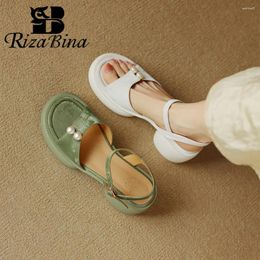 Casual Shoes RIZABINA Classic Women Sandals Peal Decoration Real Leather Round Heel Female Ankle Strap Causal Office Pumps Handmade