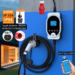 For Electric Car Charger 22KW GB/T Portable EV Charger Fast Charging 32A 3Phase Mobile Charging Station Wi-Fi APP Control