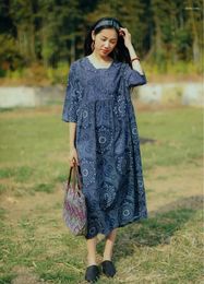 Party Dresses Ethnic Style Oversized Robe Blue And White Porcelain Printed Dress With Adjustable Waist Cotton Linen Loose Vintage Long Skirt