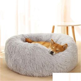 Kennels Pens Madden Round Dog Bed Cat Pet Super Soft Long P Winter Warm Puppy House Fluffy Slee Basket Cushion Supplies Drop Delive Dhlgh