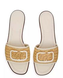 2024s Sandal Women mules slide VLOGO embellished woven leather and raffia slides Signature Sandals leather-trimmed