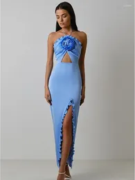 Casual Dresses Luxury Women Summer Sexy Backless Halter Flower Sky Blue Ankle Length Bandage Dress 2024 Elegant Evening Club Party