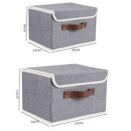 Boxes Storage# New Linen Fabric Foldable Storage Box Cube Closet Organiser for Toys Shelves Clothes with Lid Faux Leather Handles Y240520KOAX