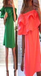 Woman Sexy Dress Casual Mini Drs Slash Neck ALine Petal Sleeve Ruffle Collar Summer Green Orange9523499