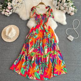 Casual Dresses Boho Summer Dress For Women Floral Printed Flods Female Lace-up Spaghetti Strap Ladies Vestidos De Mujer Drop