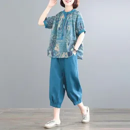 Women's Two Piece Pants Fdfklak M-3XL Casual Middle Aged Mother Printed Short Sleeve Cropped Pant Set Loose Retro Sets Clothing Z577