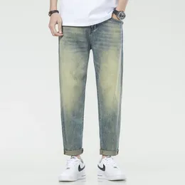 Men's Jeans Stretch Men Harem Pants Retro Blue Tapered 2024 Summer Ankle Length Streetwear Scratches Clothing Cropped