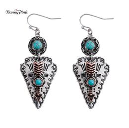 Banny Pink Tribal Turquoises Stone Dangle Earrings For Women Ethnic Metal Arrow Statement Drop Earrings Vintage Stone9908006