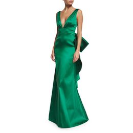 Sexy Long Green Satin V-Neck Prom Dresses with Bow/Ruffles Mermaid Watteau Train Zipper Back Prom Dresses for Women