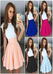 Short Pleated Dress Summer White Lace Mini Dresses Women 2018 Patchwork Beach Ball Gown Casual Dress Candy Colors9874729
