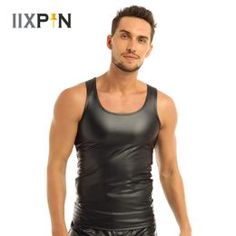 Black Sexy Mens Undershirts T-shirts Sleeveless Faux Leather Tank Tops Clubwear Streetwear Latex Underwear Gay T Shirts Vest 240520