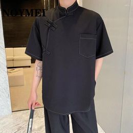 Men's T Shirts NOYMEI Summer Solid Color Black Chinese Style Stand Collar Knot Button Short Sleeve Vintage Shirt 2024 WA4319