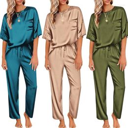 Women's Two Piece Pants O Neck Casual Short Sleeve Blouse Summer Pant Suit Women 2 Two-piece Set Satin Pajamas Home Clothes Trousers Loose