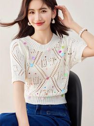 Women's T Shirts Sequins Elegant Knit T-shirt Women Hollow Out Short Sleeve Knitwear Tops Summer Stylish Chic Fashion Ladies Jumper 2024