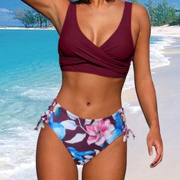 Women's Swimwear Sexy High Waist U Shaped Open Back Bikini Swimsuit Summer Floral Print Push Up Bra Bathing Suits 2024