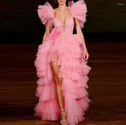 Party Dresses Arrival Pink Tiered Tulle Evening Dress High Slit Fluffy Gown Fashion Gala Event