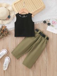 Clothing Sets Girls Spring/Summer New Small and Medium sized Childrens Casual Letter Black Tank Top+Pants Two Piece Set Y240520VKNS