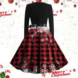 Casual Dresses Plaid Print Winter Women's Christmas V Neck Long Sleeve Dress Women Vintage Party Pin Up Rockabilly