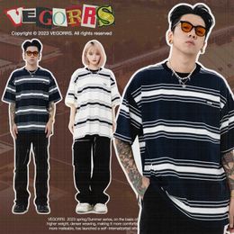 VEGORRS Japanese Colour blocking striped round neck versatile short sleeved couple T-shirt for both men and women