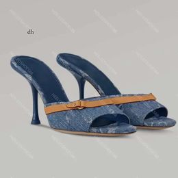 Designer Slippers Shoes Womens Sandals Fashion Denim Print Patchwork Cowhide Kitten Heel Moccasins 35-42 10Cm/6Cm High Heeled Novelty Slipper 38