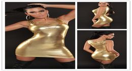 6 Colors Women Metallic Faux Leather Bodycon Mini Dress Sexy Shiny Disco Clubwear Slash Wet Look Dress4911427