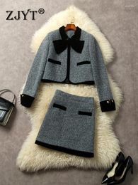 Work Dresses ZJYT Bowknot Dark Grey Dress Sets 2 Piece Tweed Jacket Mini Skirt Suit 2024 Elegant Autumn Winter Women Party Outfit Office