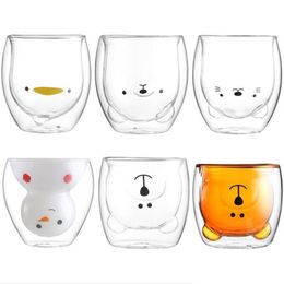 Mugs Ups Glass Double Wall Mug Bear Cat Dog Animal Double-Layer Coffee Cup Christmas Gift Cute Milk Drop Delivery Home Garden Kitchen, Dhoah