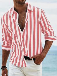 Men's Casual Shirts Streetwear Lapel Button T Breathable Cotton Linen Long Sleeve For Men Fashion 2024 Striped Print Beach