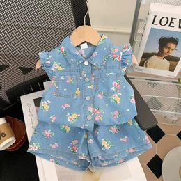 Clothing Sets 2024 Summer Kids Clothes Set Girls Imitation Denim Sleeveless Shirt And Shorts 2Pcs Suit Childrens Outwear