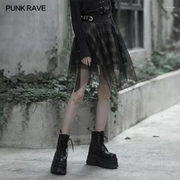 Skirts PUNK RAVE Women's Dark Asymmetric Mesh Skirt Corns Buckle Loop Decoration Plaid Casual Short Women