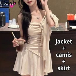 Work Dresses 3 Pcs Sets Women Casual Lazy Sweet Summer Sun-proof Jacket Folds Camis Mini Skirt Female Korean Style Mature Gentle