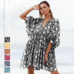 Casual Dresses Bohemian Summer Dress For Women Seaside Holiday Beach Printing Half Sleeve V-Neck Women's Slim Lace-up Mini Cotton