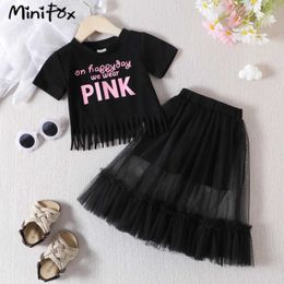 Clothing Sets MiniFox Two-Piece Girls Summer Sets Letter Black Pink Tassel T-shirts and Princess Skirts Toddler Kids Clothing Girl Outfit Y240520HOAB