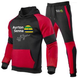 Men's Tracksuits 2024 Spring Autumn Ayrton Senna Logo Print Pocket Pullover Hoodies Streetwear Casual Sweatpants Suits Patchwork Sports Set