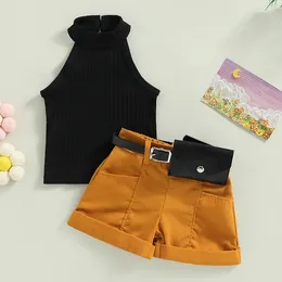 Clothing Sets Kids Baby Girls Clothes Fashion Summer Outfit Solid Color Sleeveless Halterneck Ribbed Tops And Shorts Fanny Pack Casual Set