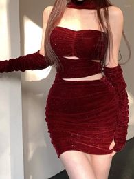 Casual Dresses Pure Colour Velvet Dress Woman Slim Y2k Short Korean Fashion Off Shoulder Sexy Evening Long Sleeve 2024 Winter