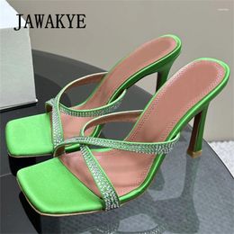 Slippers Summer Square Toe Satin High Heels Crystal For Women Sexy Cross Band Mules Fashion Party Dress Slides Shoes Femininas