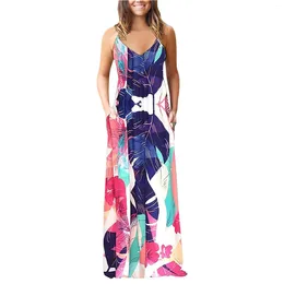 Casual Dresses Ladies Summer Suspender Long Maxi Dress Fashion Sexy V Neck Printed Sleeveless 2024 Elegant For Women