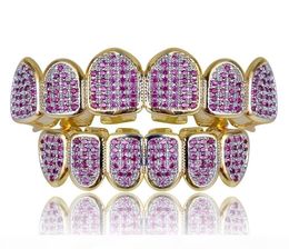 New Custom Fit Hip Hop Gold Teeth Grillz Caps Micro Pave Fuchsia Cubic Zirconia Top Bottom Grills Set for Christmas Gift Women1820600