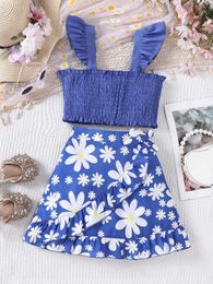 Clothing Sets Girls Summer New Casual Vacation Style Two-Piece Set With Blue Flower Suspender And Ruffle Edge Skirt Set Y240520BBHE