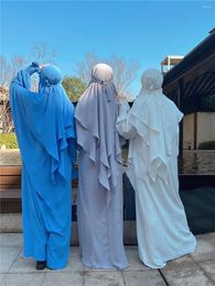 Ethnic Clothing Prayer Dress Crepe 2 Piece Set Muslim Women Long Sleeves Abaya Two Layers Khimar Hijab Scarf Islamic Jilbab Dubai