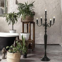 Candle Holders 5 Candelabra Rustic Black Finish Centerpiece Hand Crafted Of Cast Aluminum Nickel Tall Over 3 FT High (41.25 Inches)