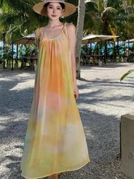 Yellow Tiedye Printing Festival Slip Bandage Long Dress Summer Sleeveless Beach Holiday Backless Pleated Sundress Womens 240513