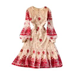 Casual Dresses Spring Autumn Women ONeck Long Sleeve Slim Dress High Quality Vintage Red Flowers Embroidery Mesh Runway8276135