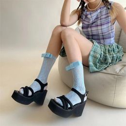 Women Socks Womens Sweet Vintage Ruffle Trim Knee Spring And Summer Bowknot Lace Calf