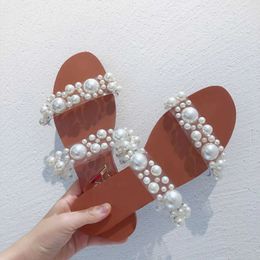 Slippers Womens Bohemian pearl slippers flat sandals summer open toe womens crystal shoes J240520