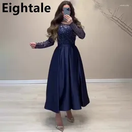 Party Dresses Eightale A Line Long Sleeve Sequin Navy Blue Ankle Length Evening Dress For Wedding Formal Prom Dubai Gown